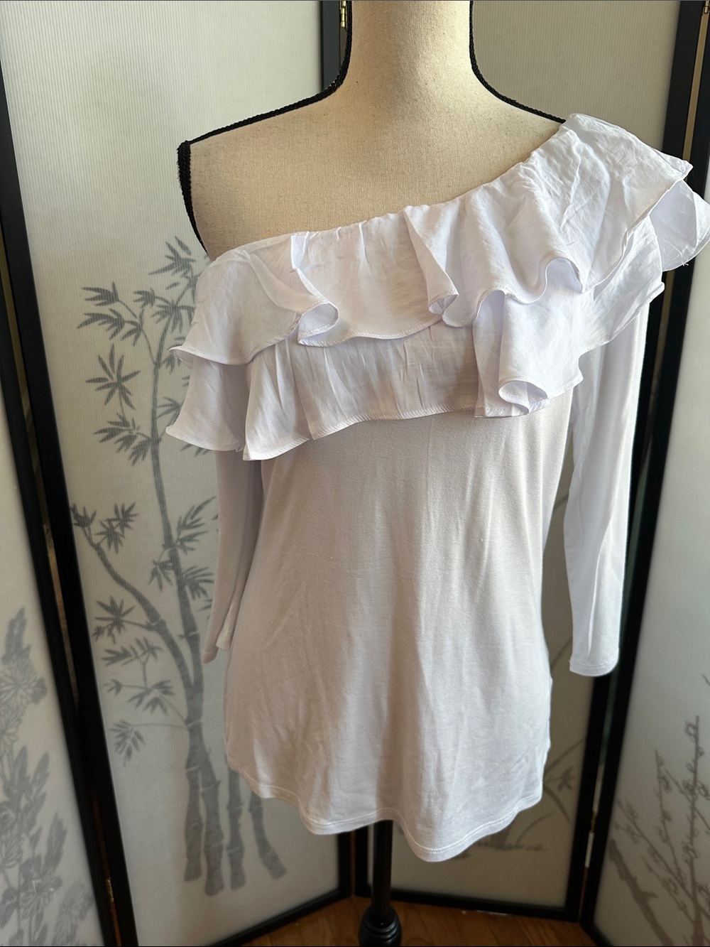 Catherine Malandrino White Asymmetric One-Shoulder Ruffle Long Sleeve Top